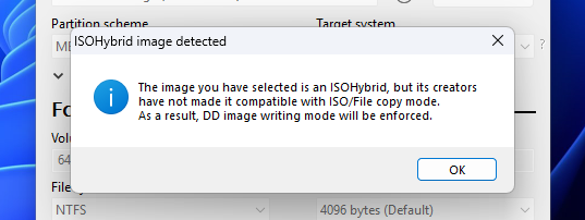 A Proxmox Warning in Rufus warining of an ISOHybrid file that will rewrite a hard drive